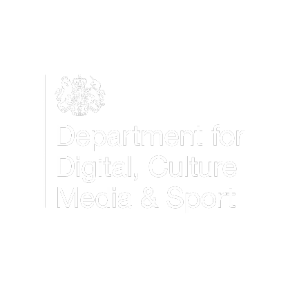 DCMS logo white on blue background.