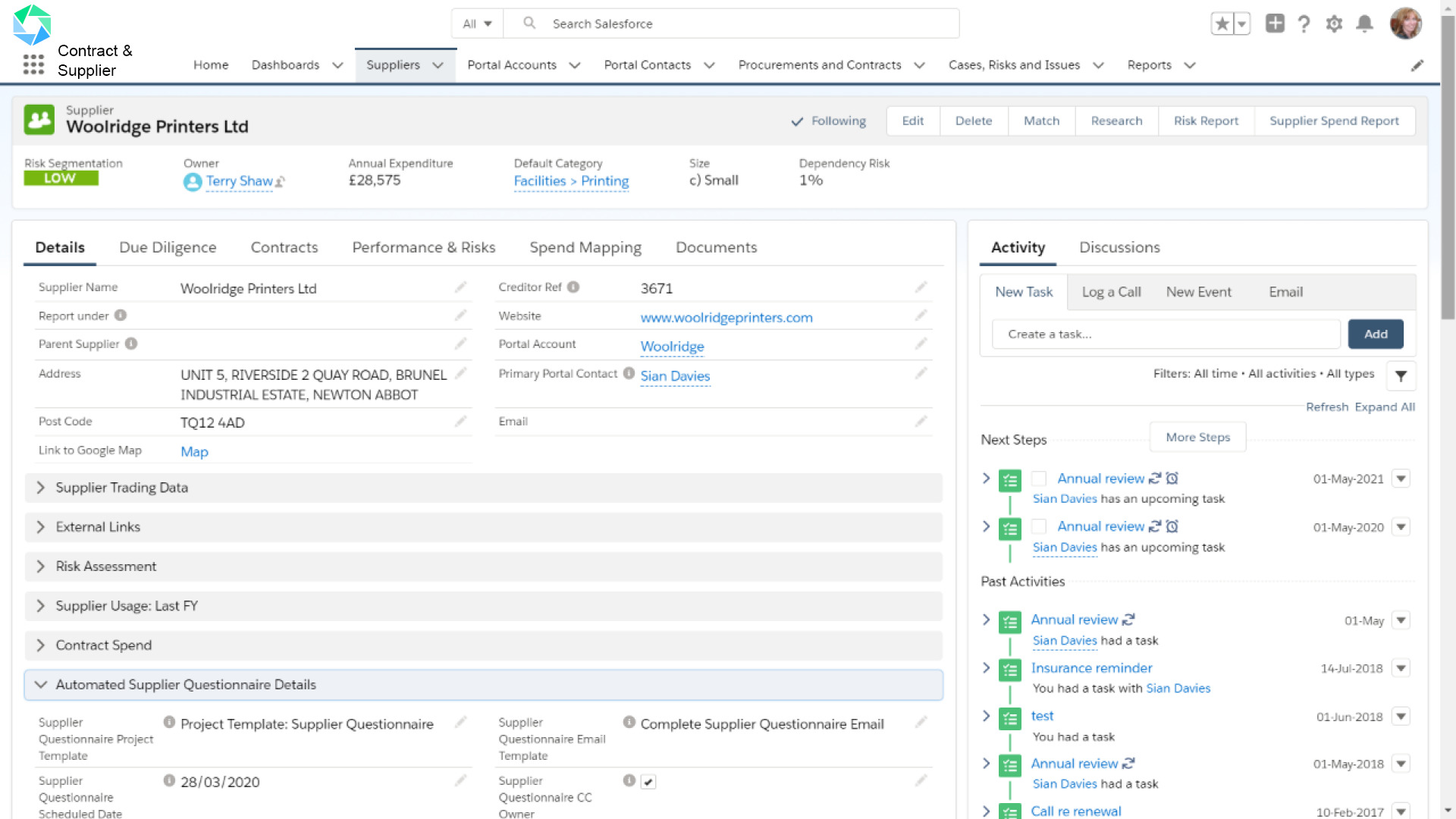 An example Atamis Contract & Supplier App dashboard screen with data lines and tailored reports.