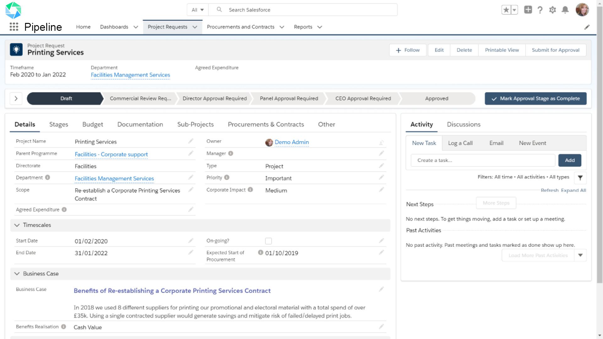 An example Atamis Pipeline App dashboard shows a specific project along with all communications relating to that project.