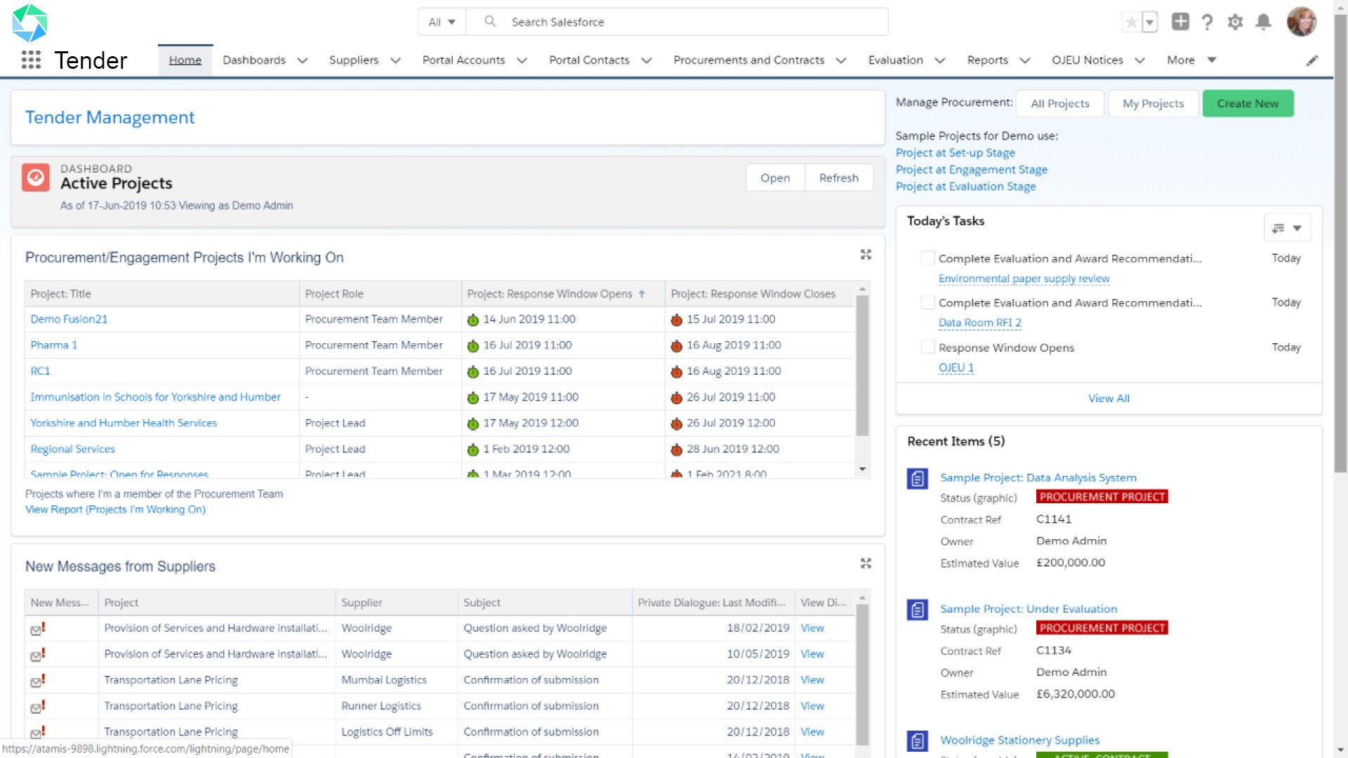 An example Atamis Tender dashboard screen with data lined and tailored reports.