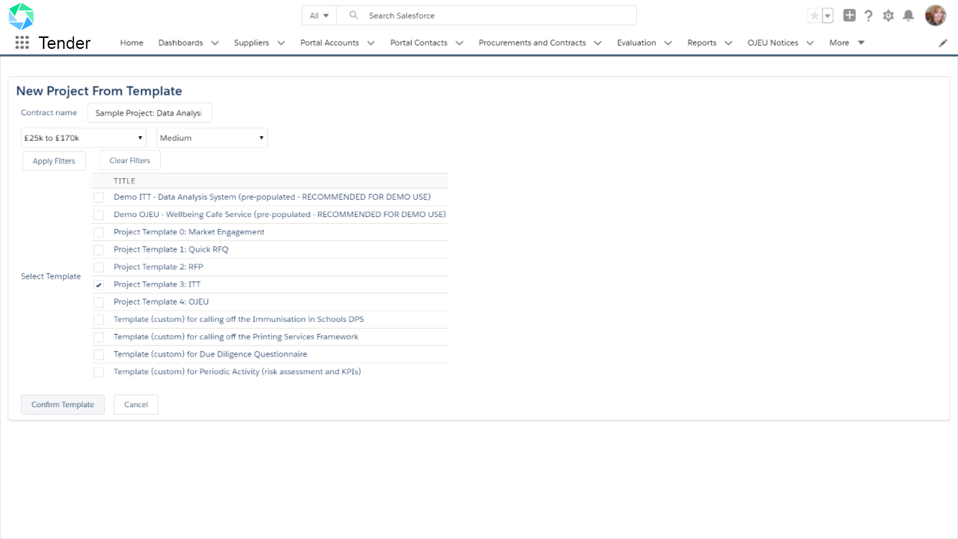 An example Atamis Tender dashboard screen with data lines and tailored reports.